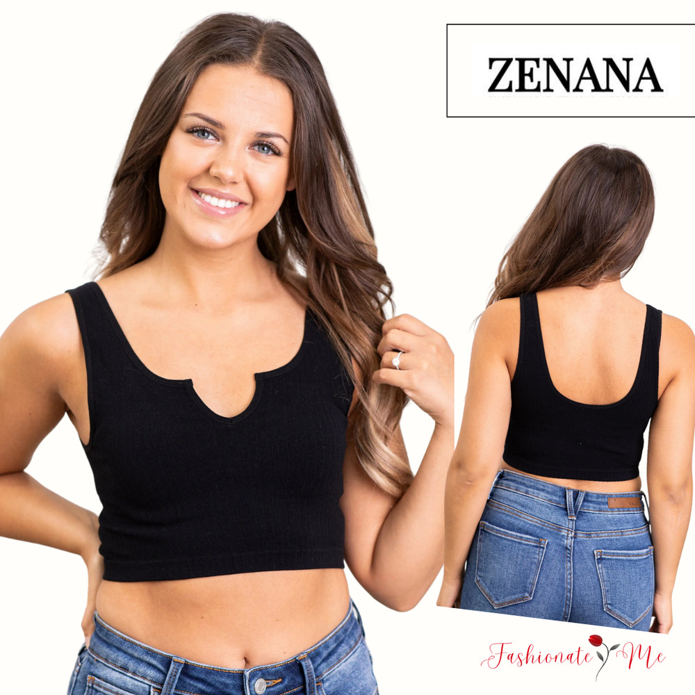 ZENANA Ribbed Seamless Notched Neck Cropped Top in Black